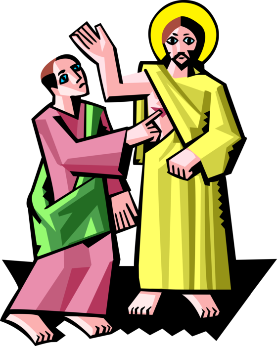Vector Illustration of Jesus Christ with Doubting Thomas Touching Wounds after Resurrection