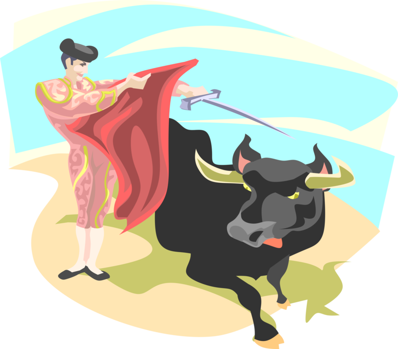 Vector Illustration of Spanish Matador Toreador Bullfighter with Sword and Cape in Bullfight with Bull, Spain