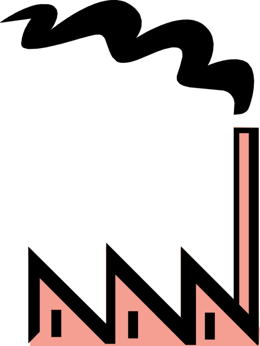 Vector Illustration of Industrial Manufacturing Factory Building with Smokestack Pollution