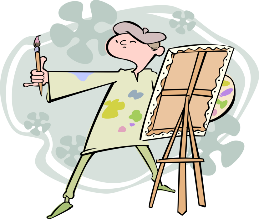 Vector Illustration of Creative Artist Paints Picture on Canvas with Easel