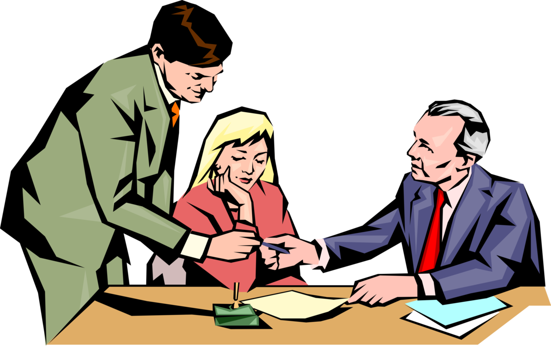 Vector Illustration of Salesman Closes the Deal with Clients and Gets Signed Contract