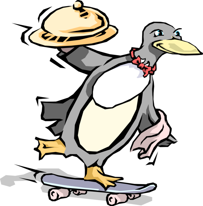 Vector Illustration of Penguin Waiter Butler with Serving Tray Arrives by Skateboard