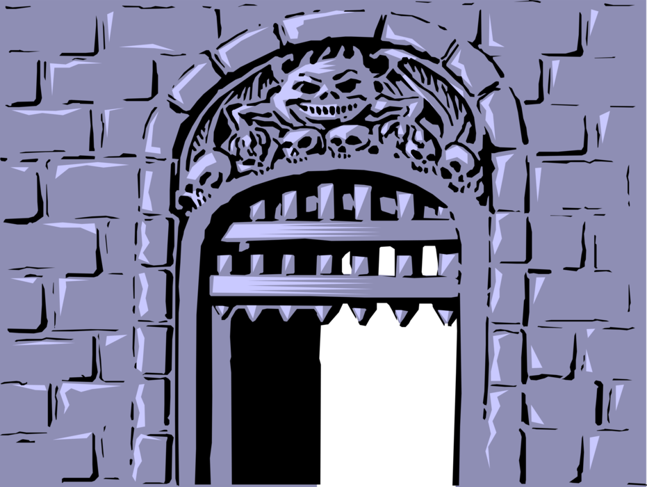 Vector Illustration of Castle Gate Entrance with Human Skulls and Demons