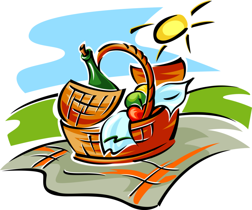 Vector Illustration of Picnic on the Grass with Hamper of Wine and Fresh Fruits on Summer Day