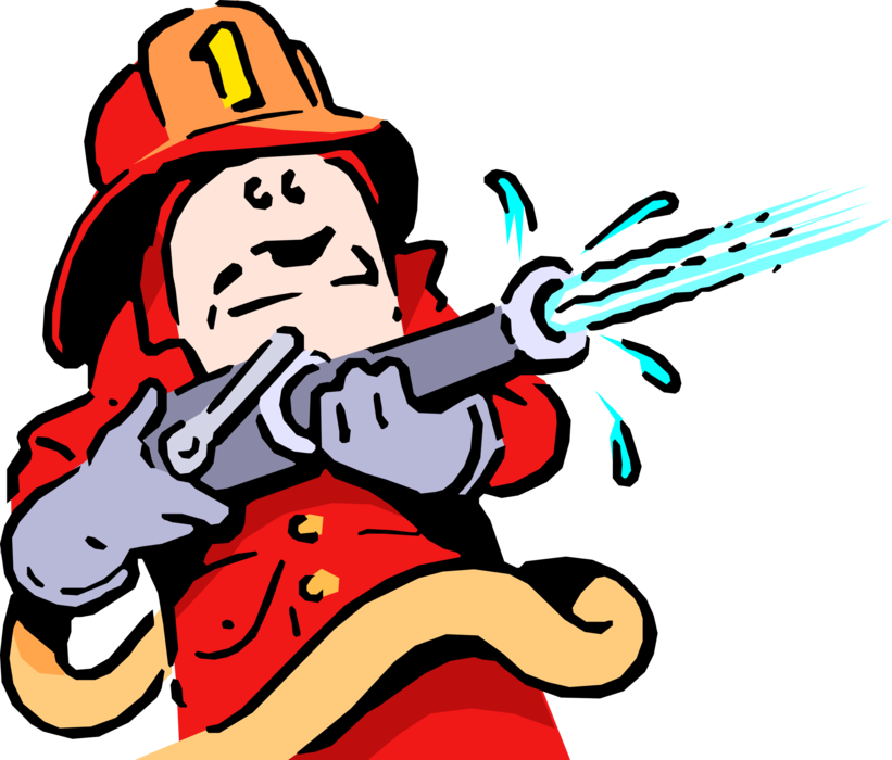 Vector Illustration of Fireman with Firehose Puts Out Fire with Water