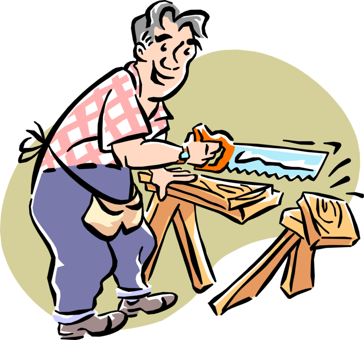 Vector Illustration of Do-It-Yourself Home Improvement Handyman Sawing Wood Lumber