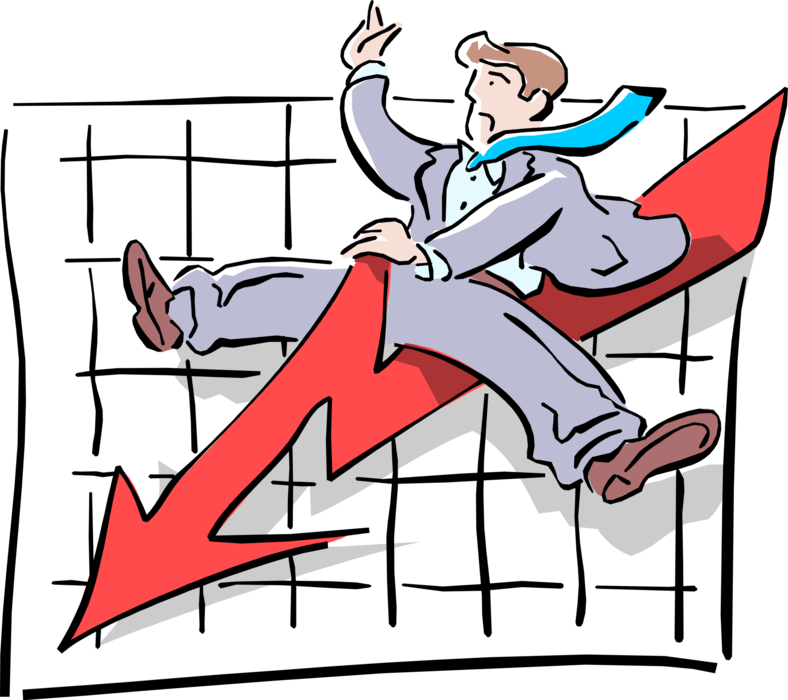 Vector Illustration of Businessman Riding Sales Downturn on Sales Chart Diagram or Graph