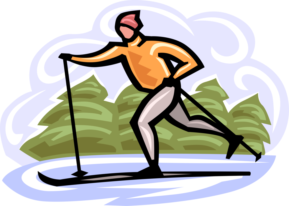 Vector Illustration of Cross-Country Nordic Skier on Forest Trail Skiing in Winter