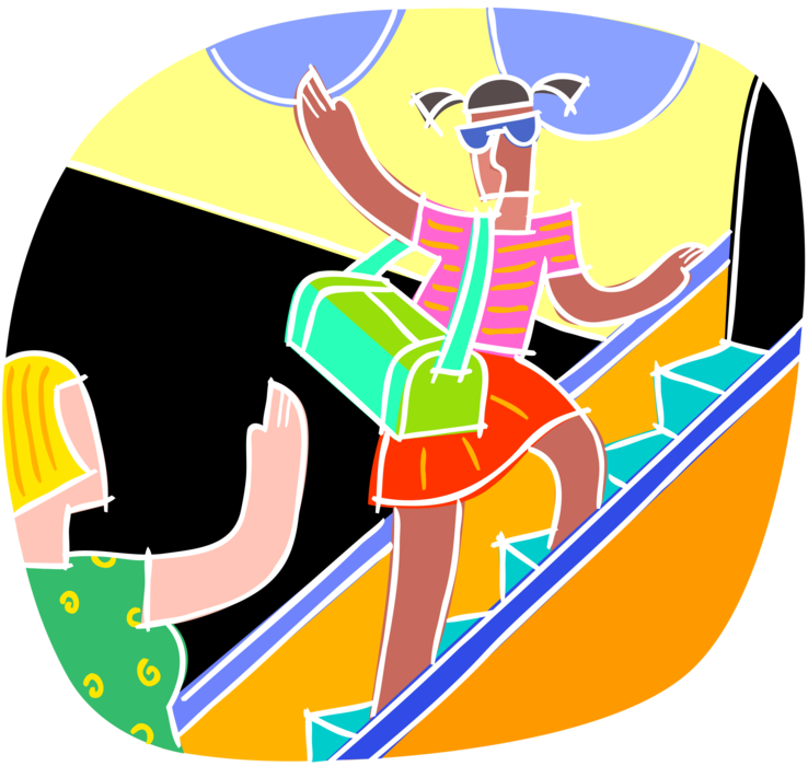 Vector Illustration of Mother Waves to Daughter Departing by Jet Airplane on Vacation Trip