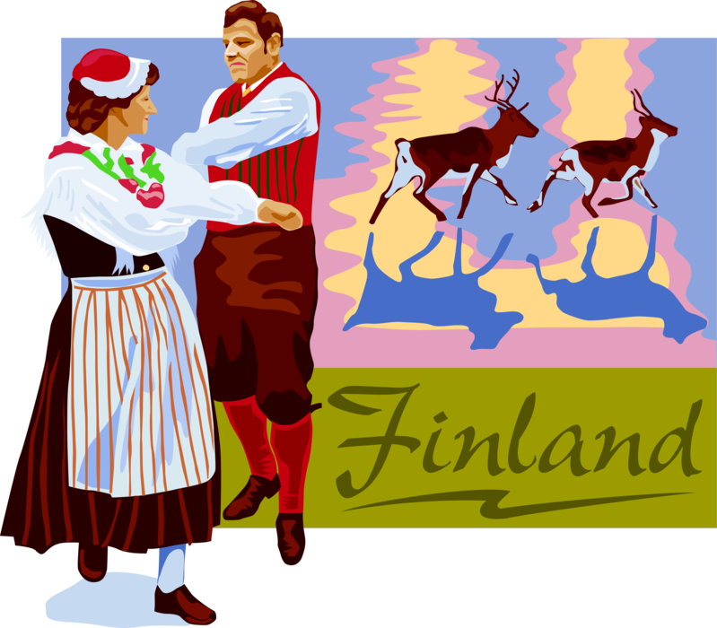 Vector Illustration of Finland Postcard Design with Traditional Karelian Costumes and Reindeer