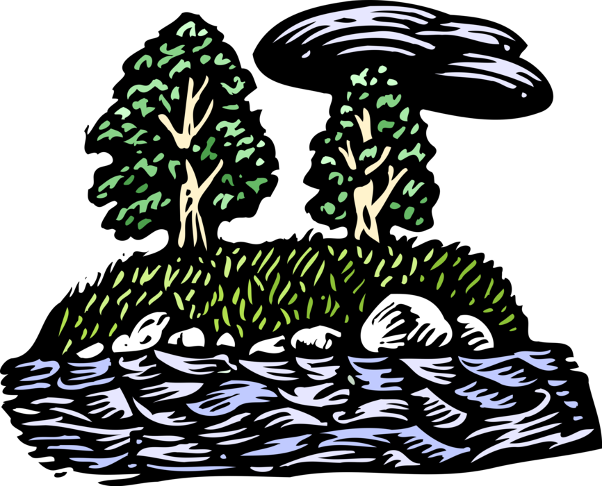 Vector Illustration of Water's Edge Waterline with Trees and Cloud