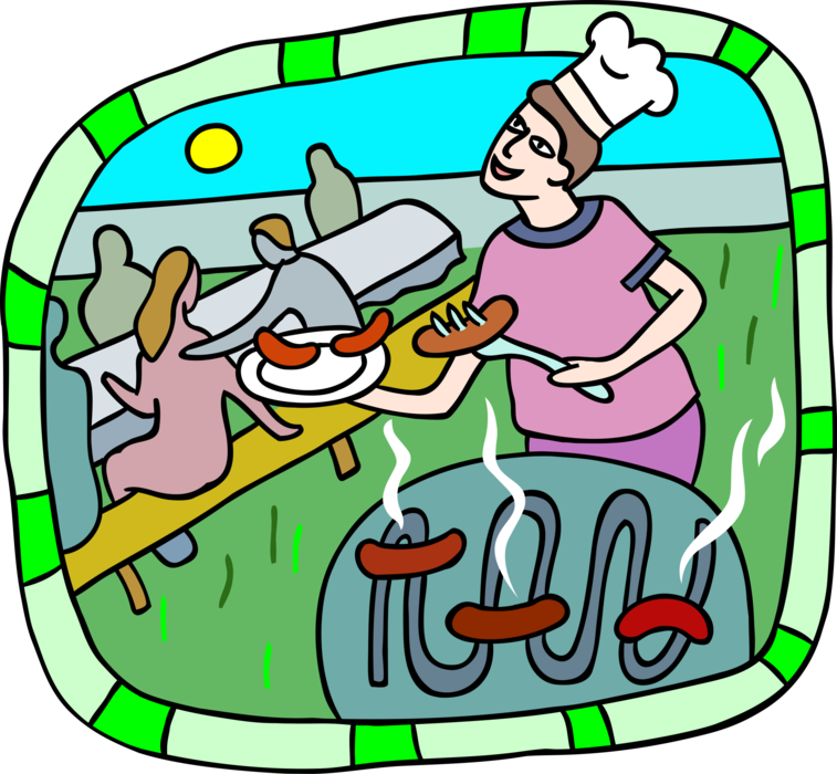 Vector Illustration of Outdoor Barbeque Chef Grills Hotdogs for Guests