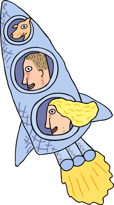 Vector Illustration of Rocketship Spaceship with Astronaut Passengers Blasts Off into Outer Space