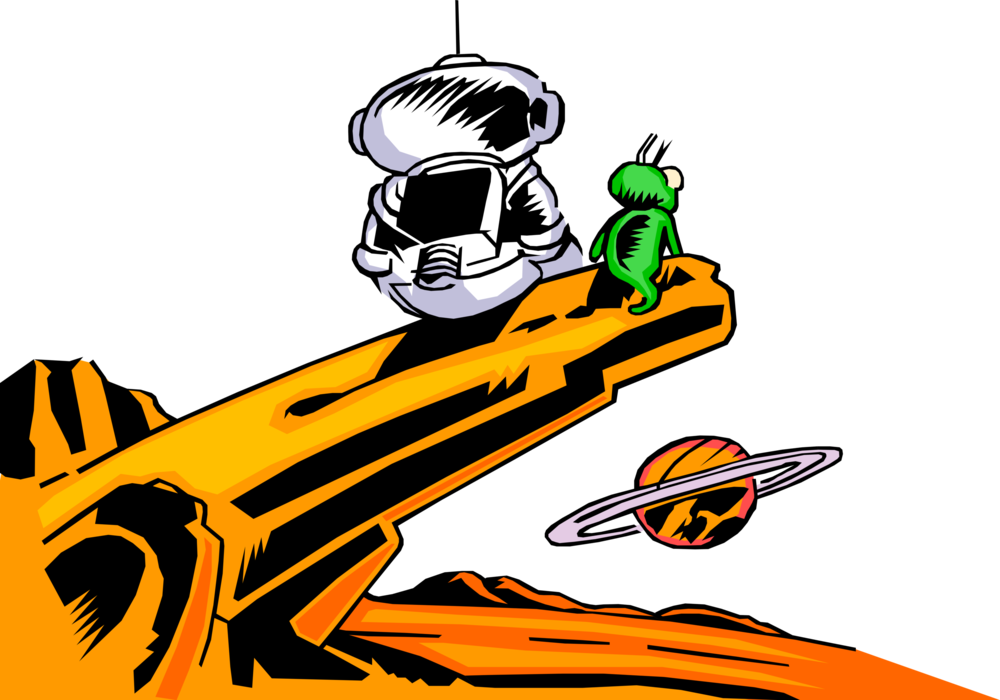 Vector Illustration of Spaceman with Extraterrestrial Space Alien Friend Contemplate the Universe