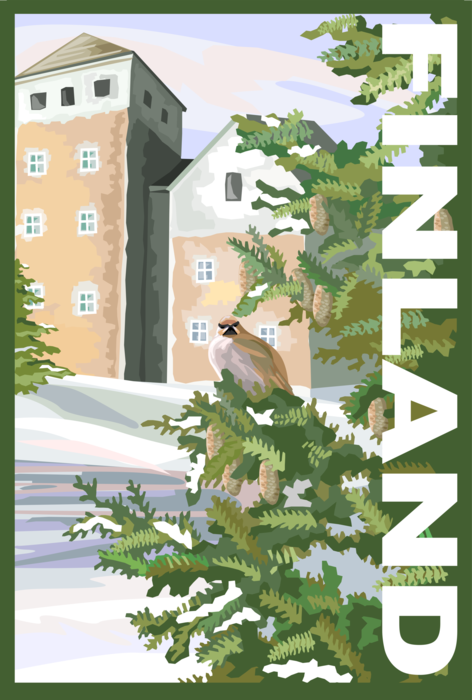 Vector Illustration of Finland Postcard Design with Turku Castle and Coniferous Evergreen Trees
