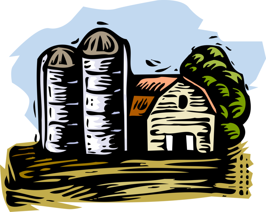 Vector Illustration of Farming Operation Farm Barns with Grain Storage Silos