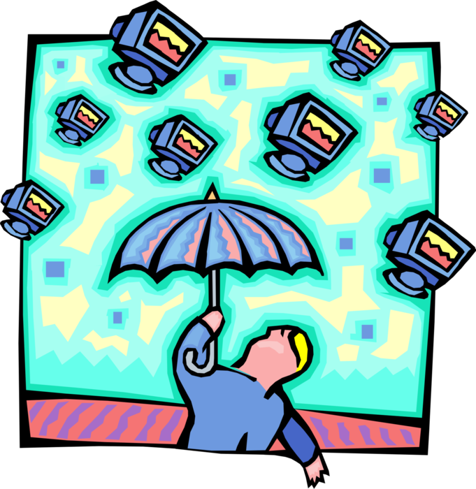 Vector Illustration of Man With Umbrella Open Seeks Protection from Raining Technology