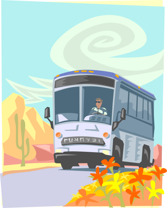 Vector Illustration of Intercity Greyhound Passenger Tour Bus Travels Desert Road