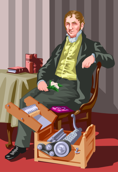 Vector Illustration of Eli Whitney American Inventor with Industrial Revolution Cotton Gin