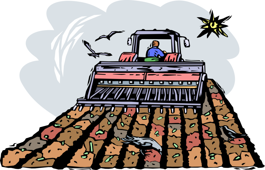 Vector Illustration of Farmer Ploughing or Plowing Farm Field with Tractor Equipment