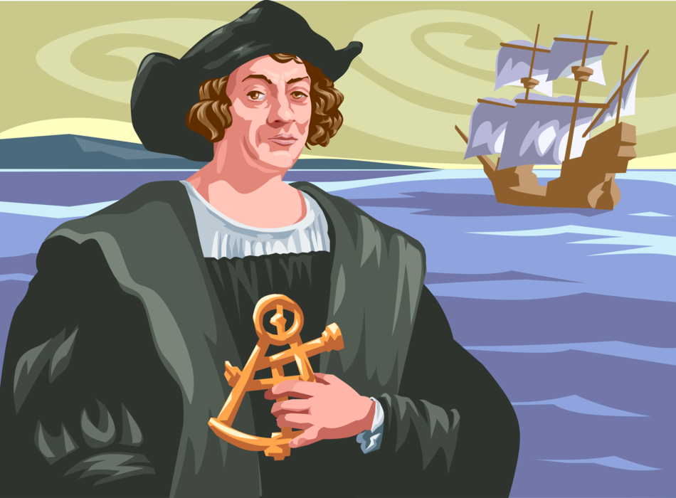 Vector Illustration of Christopher Columbus Holds Sextant with Santa Maria Ship of Discovery
