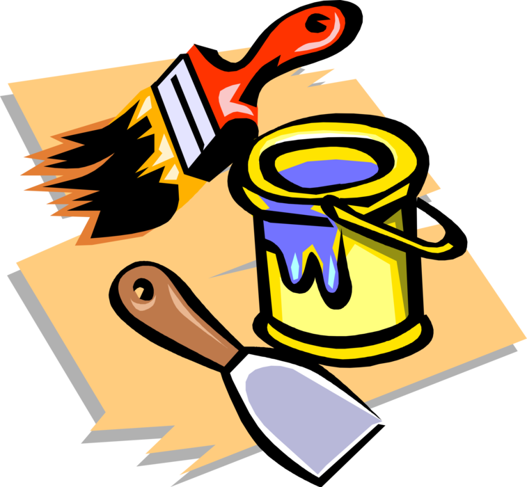 Vector Illustration of Paint Can with Paintbrush and Scraper Putty Knife