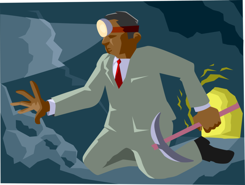 Vector Illustration of Businessman Mining for Gold in Mine with Pick Tool and Miner's Lamp