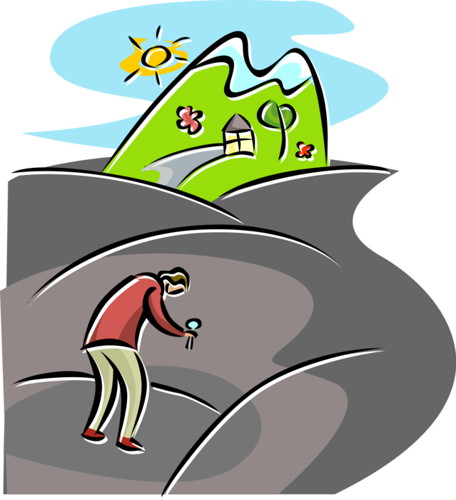 Vector Illustration of Man with Flower on Desolate Terrain with Mountain