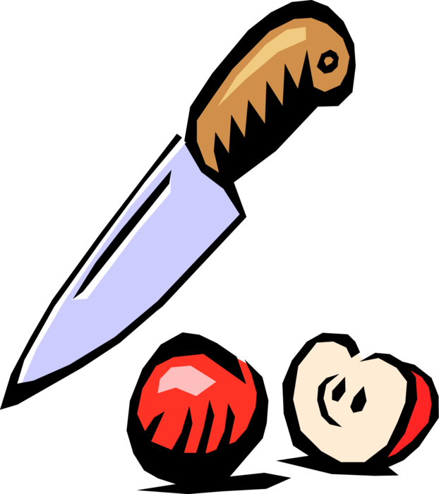 Vector Illustration of Kitchen Kitchenware Knife with Sliced Fruit Apple