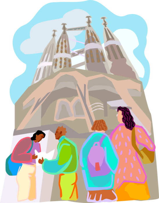 Vector Illustration of Tourists on Vacation Visit la Sagrada Família Basilica Cathedral, Barcelona, Spain 