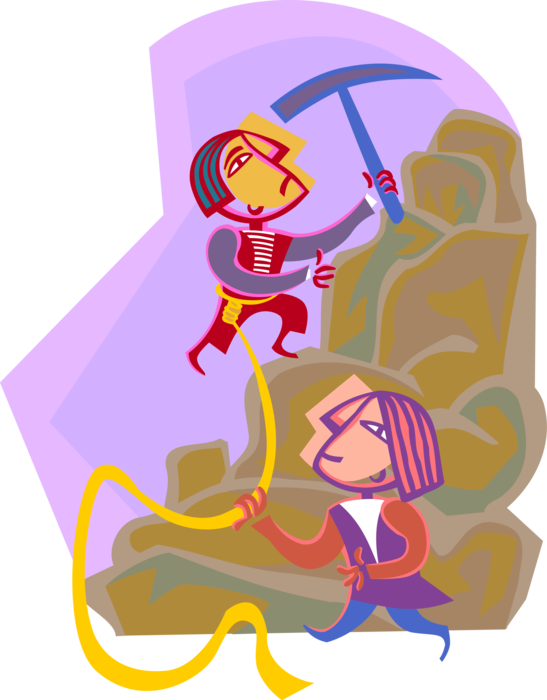 Vector Illustration of Mountain Climbers Climbing Steep Rock Face with Pickaxe and Rope