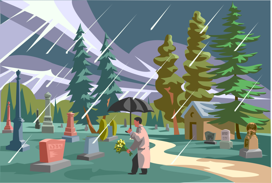 Vector Illustration of Bereaved Man Visiting Grave and Paying Respects to Loved One
