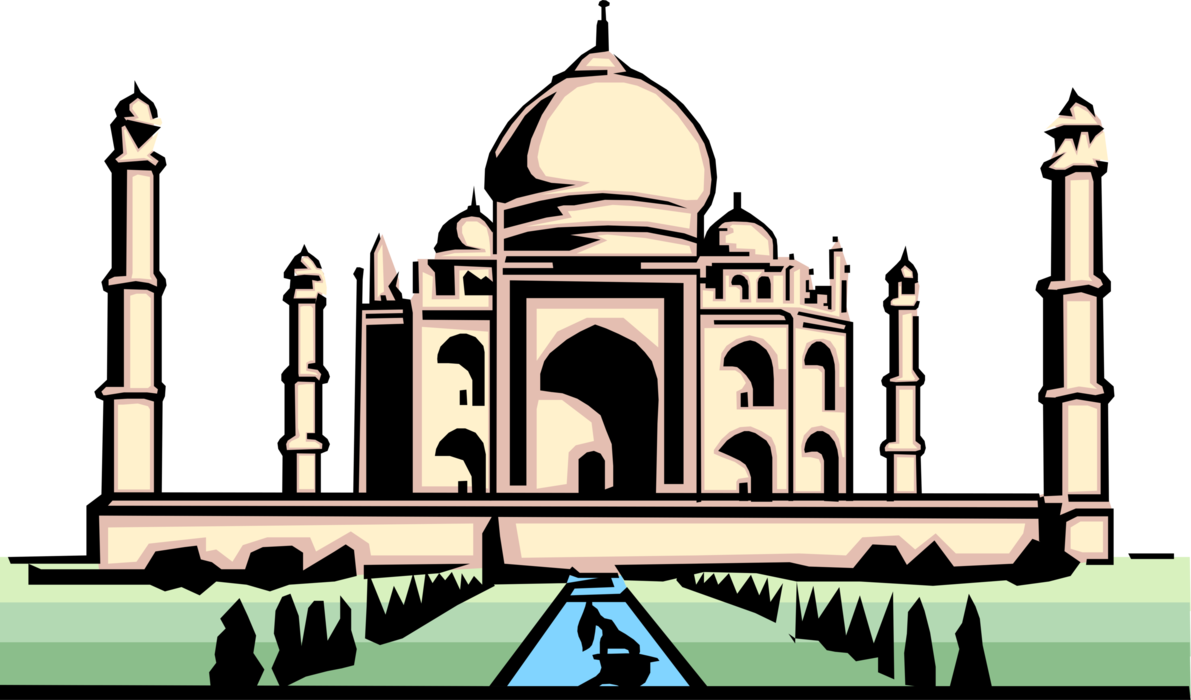 Vector Illustration of Taj Mahal Marble Mausoleum on Yamuna River in Indian City of Agra, India