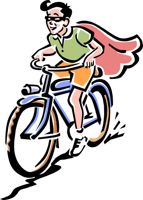 Vector Illustration of Adolescent Pretends He's Comicon Robin While Riding Bicycle