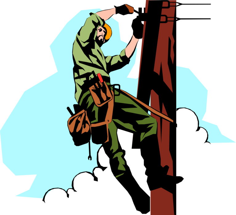 Vector Illustration of Electrical Lineman Worker Maintains Transmission Line Repair
