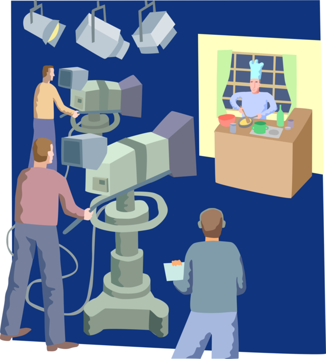 Vector Illustration of Television Studio Floor Manager with Cameramen and Chef Talent