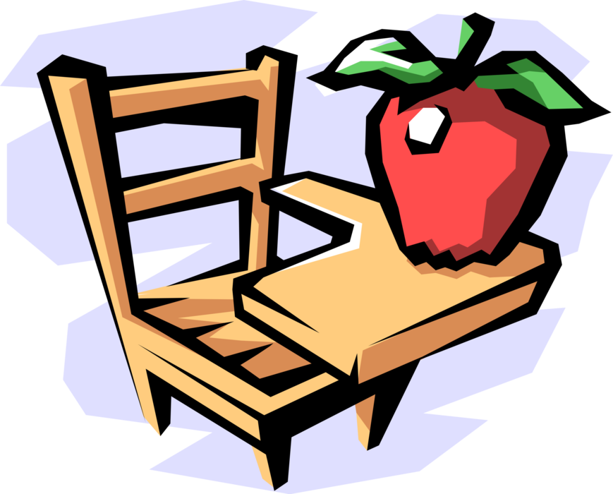 Vector Illustration of Classroom Student School Desk with Red Apple Symbol of Knowledge for Teacher
