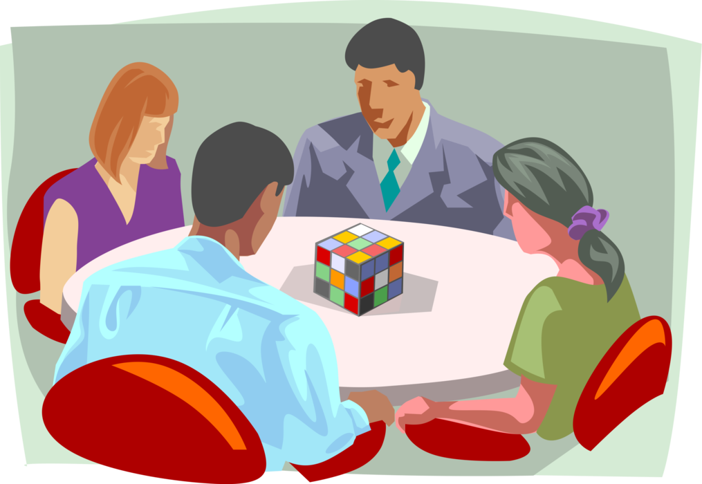 Vector Illustration of Business Meeting, Problem Solving, Rubik's Cube