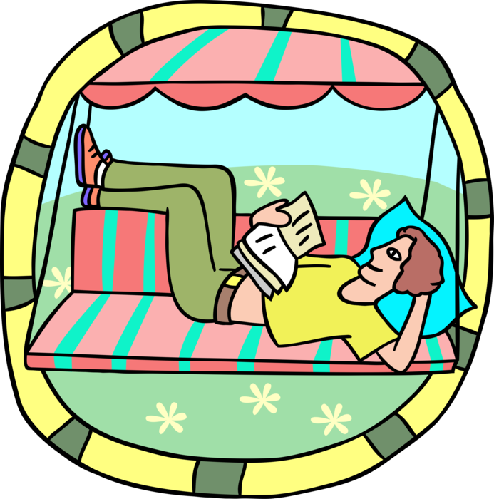 Vector Illustration of Man Relaxing in Swinging Bench Reading Book