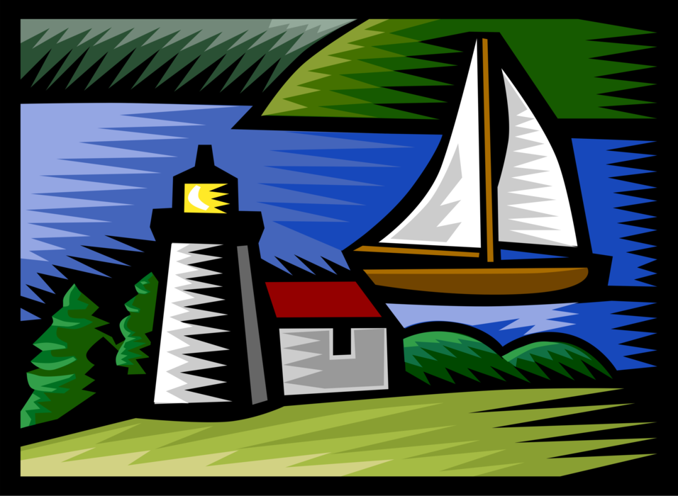 Vector Illustration of Sailboat Sails by Lighthouse Beacon Light During Day of Sailing on Water