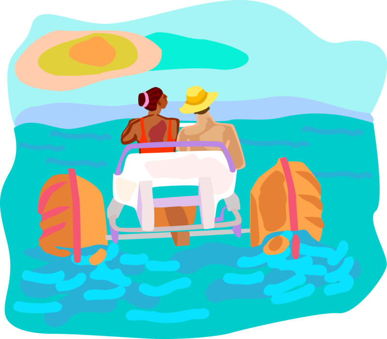 Vector Illustration of Couple Enjoy Paddling Water Paddleboat on Ocean