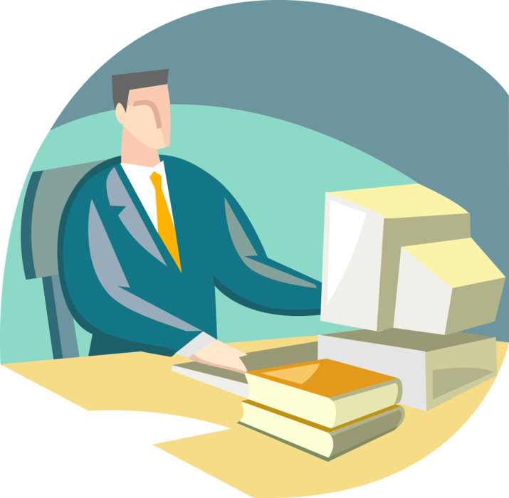 Vector Illustration of Businessman at Personal Computer Office Workstation