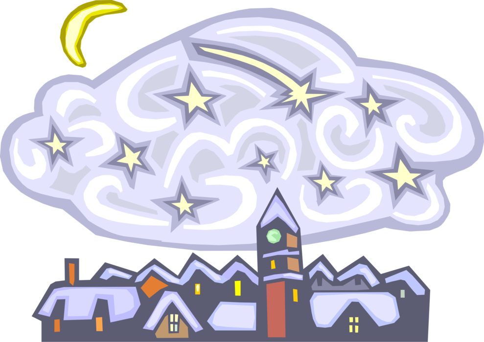 Vector Illustration of Starry Winter Sky Above Town at Night