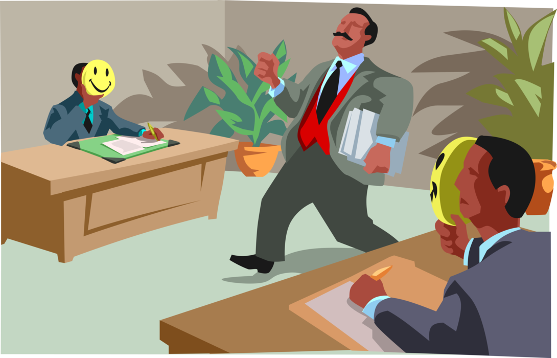 Vector Illustration of Businessmen Putting on Happy Face as Boss Arrives in Office