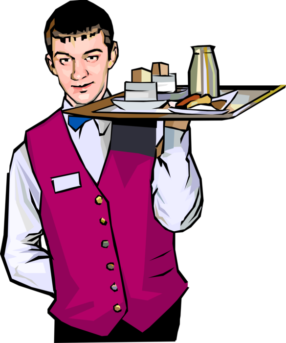 Vector Illustration of Hospitality Industry Hotel Busboy Delivers Room Service Food Tray