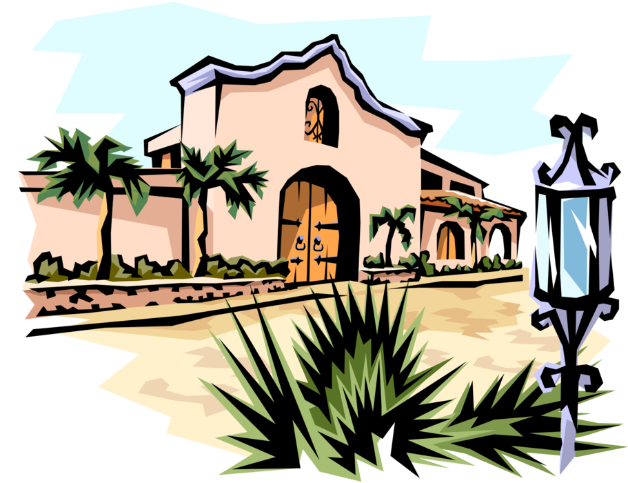 Vector Illustration of Mexican or Southwestern Style Home Residence House