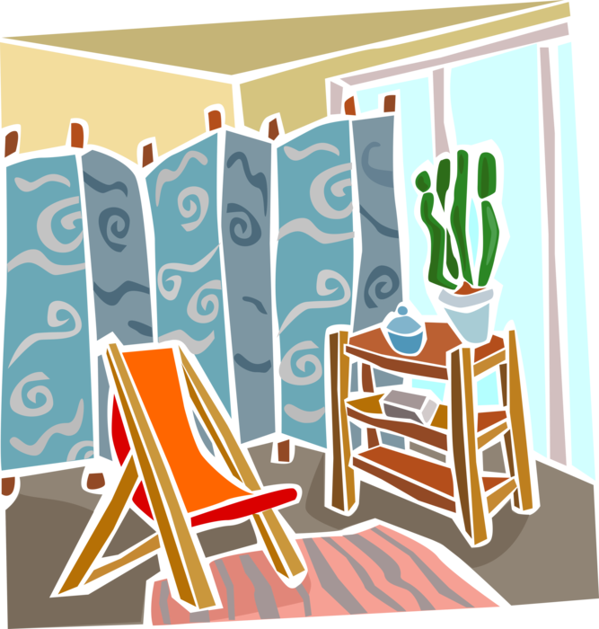 Vector Illustration of Sunroom with Houseplants Plants and Lounge Chair
