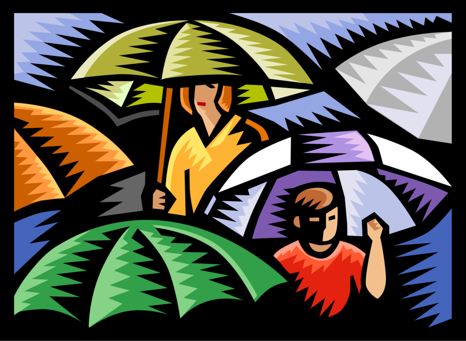 Vector Illustration of Rainy Day in the City with Commuters Holding Umbrellas