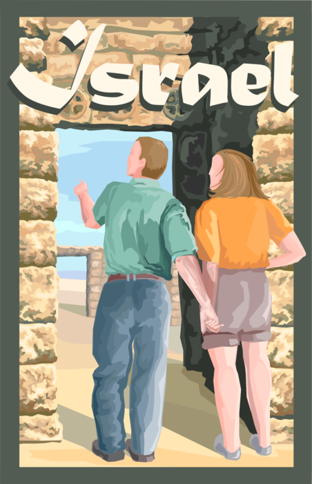 Vector Illustration of Tourists on Vacation in Israel Visit David Citadel in Jerusalem