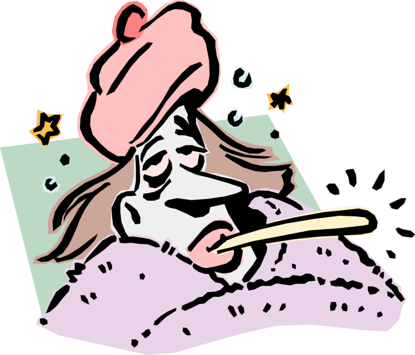 Vector Illustration of Under the Weather Sick Woman in Bed with Thermometer